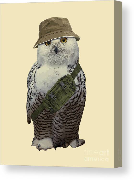 Owl Canvas Print featuring the mixed media Owl with hip bag and fisher hat by Madame Memento