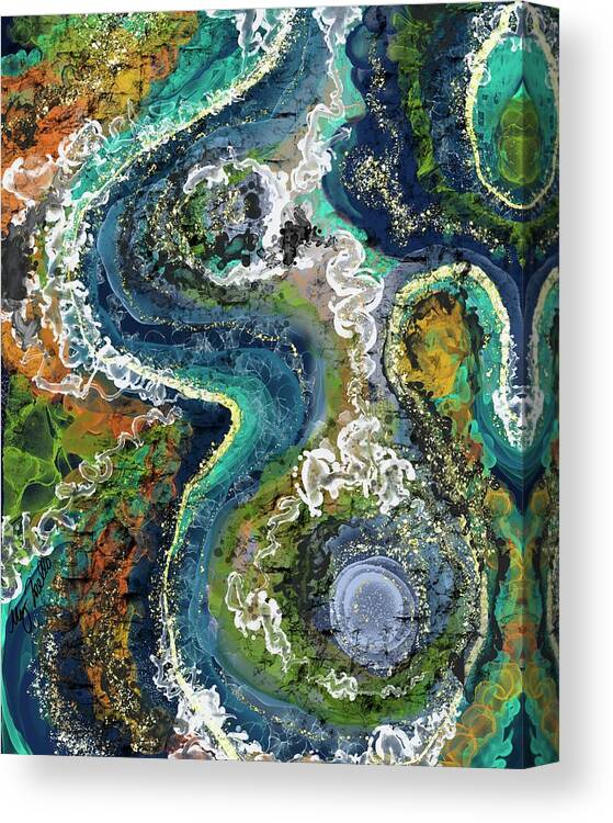 Paradise Agate Geode Earth Crystal Layers Minerals Stone Elements Land Water World Rivers Streams Golden Flecks Clouds Colorful Lost Wander Wonder Explore Create Believe Love Natural Organic Canvas Print featuring the painting Paradise Agate by Megan Torello