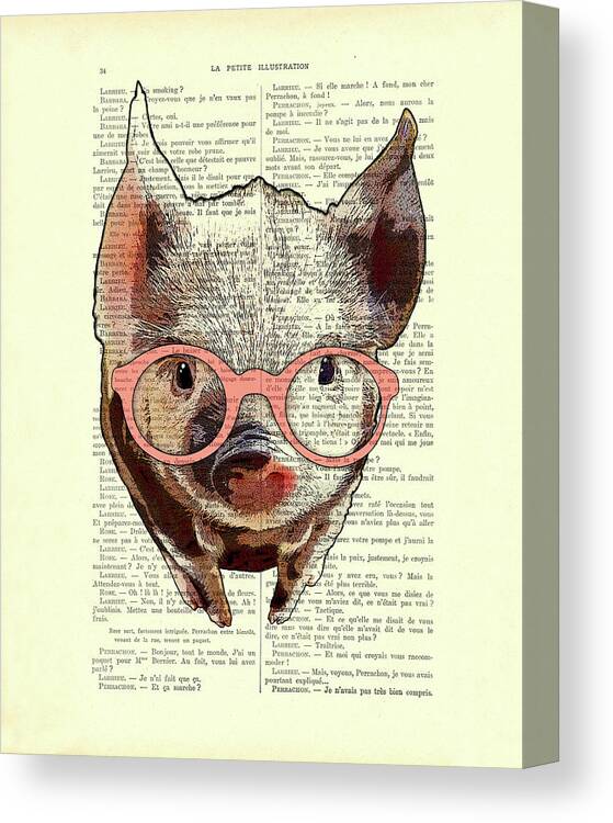Pig Canvas Print featuring the mixed media Piglet with pink glasses by Madame Memento
