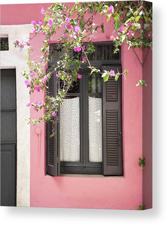 Architecture Canvas Print featuring the photograph Pink House with Black Shutters by Lupen Grainne