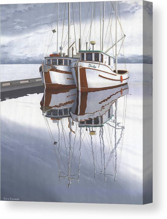 Fishing Boat Canvas Print featuring the painting Powell River fishing boats by Gary Giacomelli