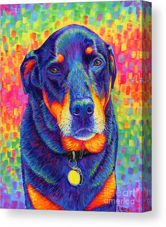 Rottweiler Canvas Print featuring the painting Psychedelic Rainbow Rottweiler by Rebecca Wang
