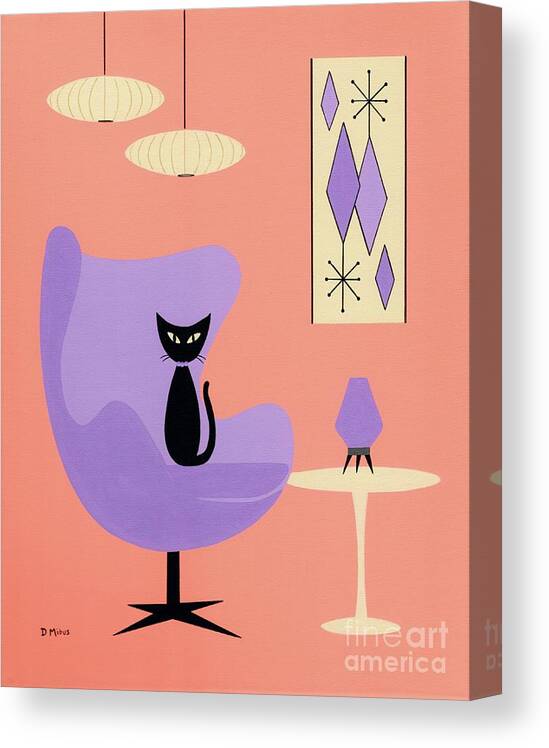 Mid Century Modern Black Cat Canvas Print featuring the mixed media Purple Egg Chair with Diamonds by Donna Mibus