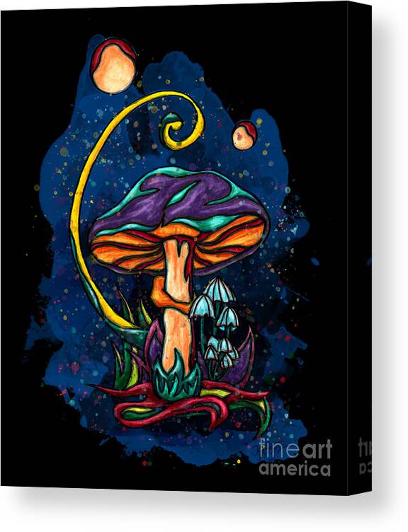 Purple Mushroom Canvas Print featuring the painting Purple mushroom by night, magic mushroom by Nadia CHEVREL