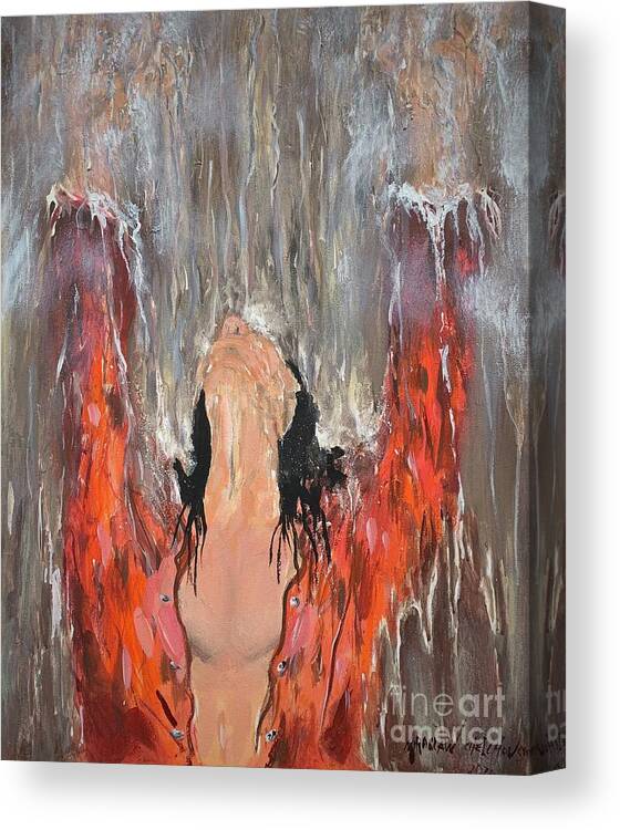 Rain Woman Water Waterfall Wet Shower Orange Black Hair Hands Up Drops Acrylic On Canvas Miroslaw Chelchowski Painting Print Canvas Print featuring the painting Rain by Miroslaw Chelchowski