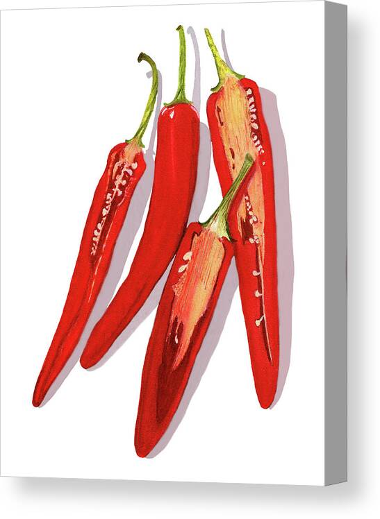 Red Peppers Canvas Print featuring the painting Red Bird's Eye Chili Pepper Art by Deborah League