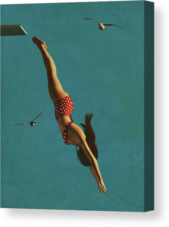 Acrylic On Canvas Canvas Print featuring the digital art Retro Style Painting of a Girl Diving Into the Sea by Jan Keteleer