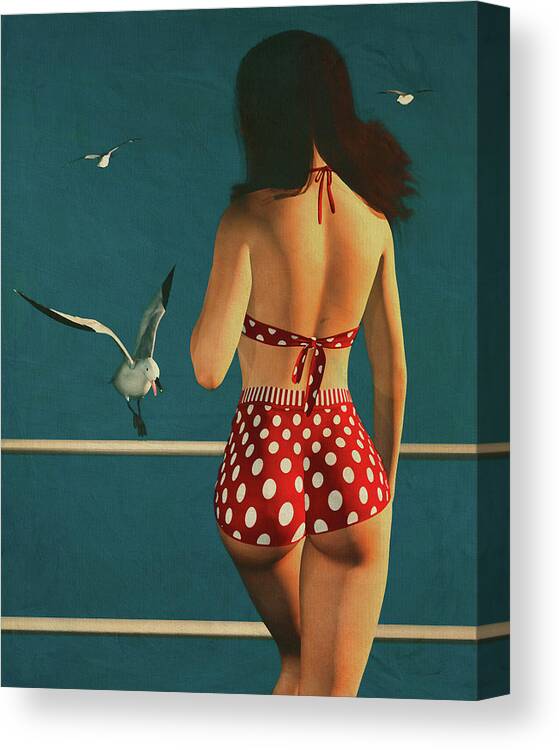 Acrylic On Canvas Canvas Print featuring the digital art Retro Style Painting of a Girl Wearing a Bikini by Jan Keteleer