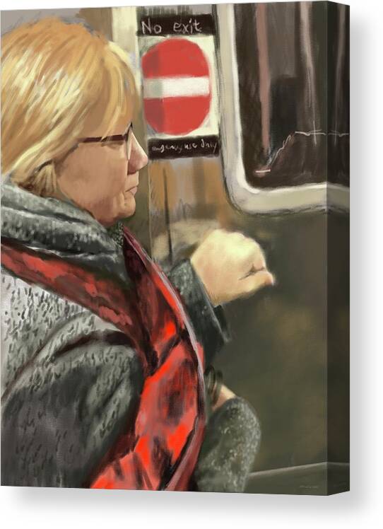 Robin Canvas Print featuring the digital art Robin On A Subway by Larry Whitler