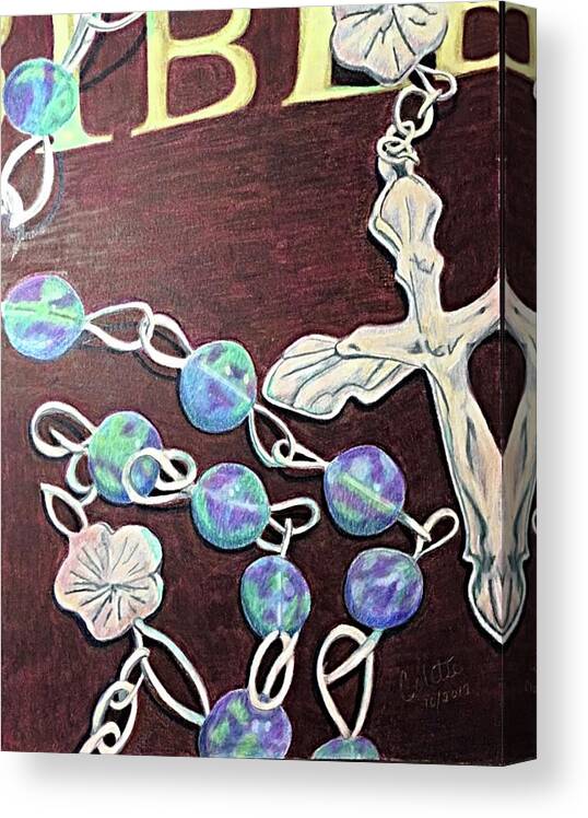 Rosary Canvas Print featuring the drawing Rosary on Bible by Colette Lee