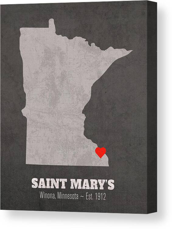Saint Mary's University Of Minnesota Canvas Print featuring the mixed media Saint Mary's University of Minnesota Winona Minnesota Founded Date Heart Map by Design Turnpike