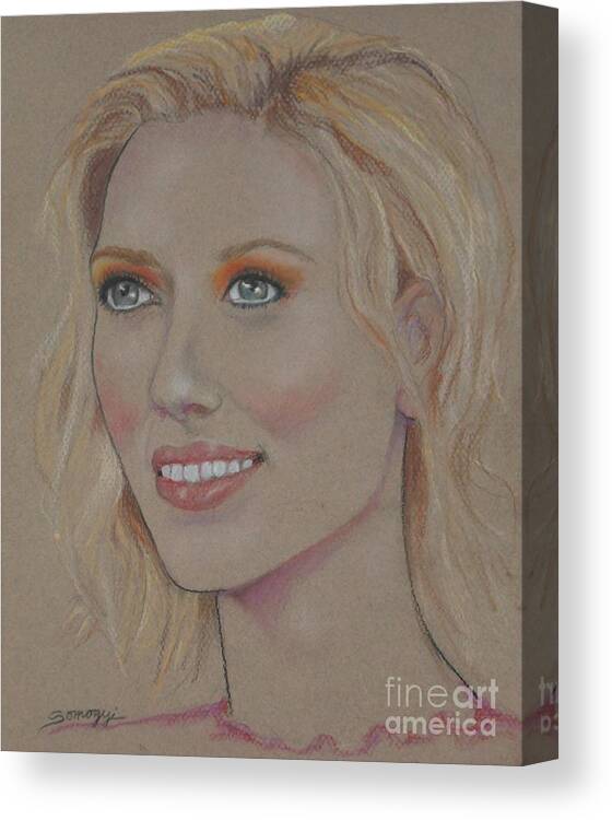 Scarlett Johansson Canvas Print featuring the drawing Blond Bombshell No.5--Scarlett Johansson by Jayne Somogy