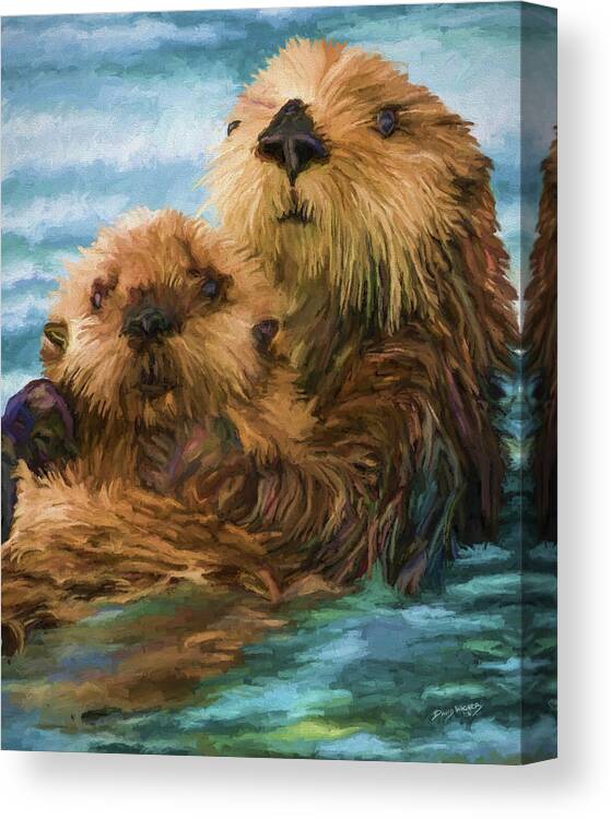 Animal Canvas Print featuring the painting Sea Otter Mom and Pup by David Wagner