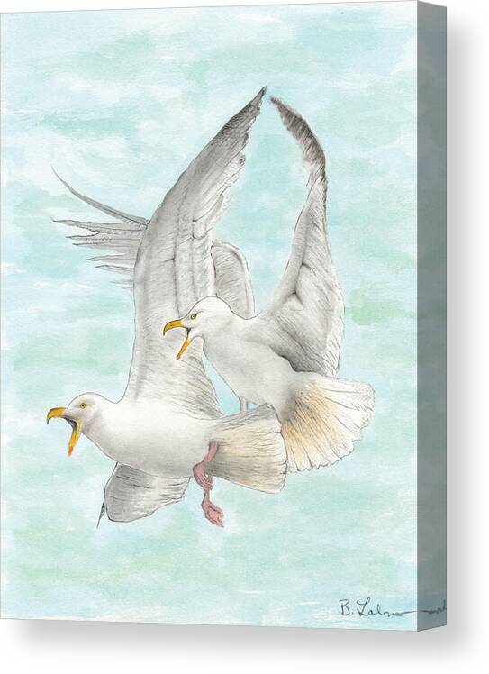 Seagulls Canvas Print featuring the painting Seagulls Fighting by Bob Labno