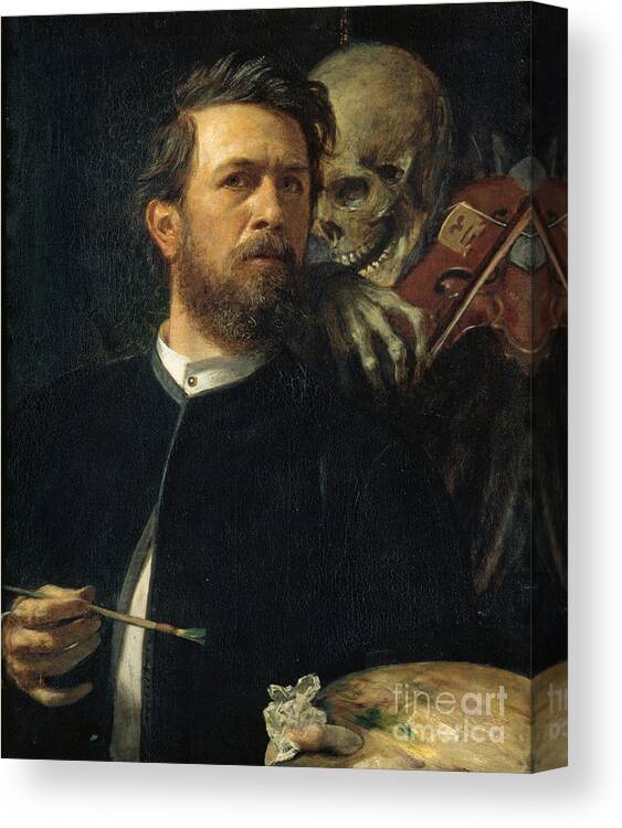 Arnold Boecklin Canvas Print featuring the painting Self Portrait With Death Playing The Fiddle 1872 by Arnold Boecklin