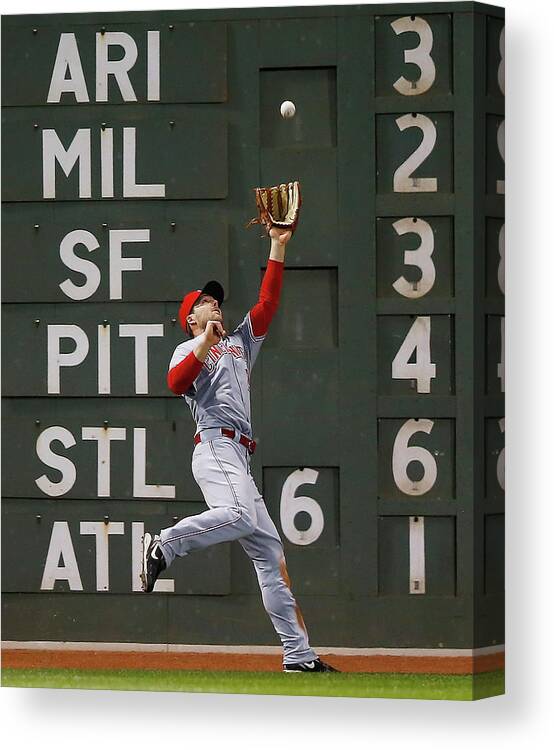 American League Baseball Canvas Print featuring the photograph Shane Victorino and Chris Heisey by Jared Wickerham