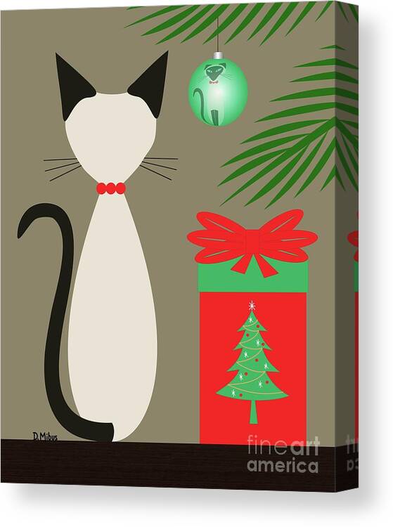 Mid Century Cat Canvas Print featuring the digital art Siamese Reflection in Ornament by Donna Mibus