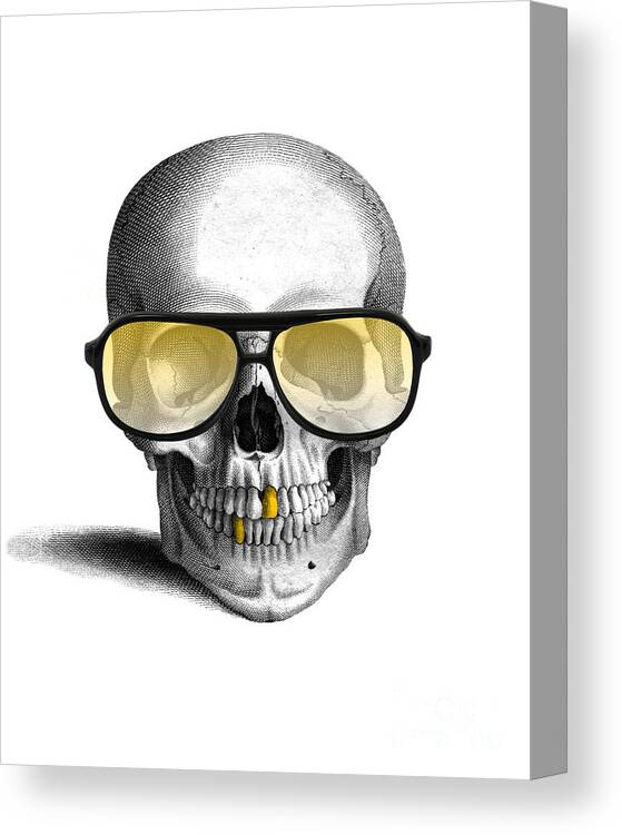 Gold Teeth Canvas Print featuring the digital art Skull with gold teeth and sunglasses by Madame Memento