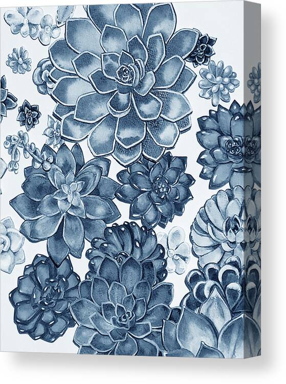 Succulent Canvas Print featuring the painting Soft Indigo Blue Succulent Plants Garden Watercolor Interior Art II by Irina Sztukowski