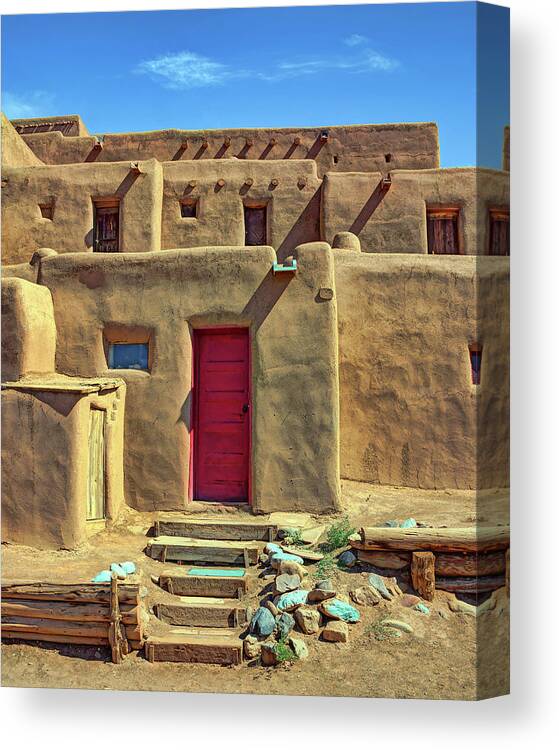 Taos Pueblo Canvas Print featuring the photograph Steps to Red Door - Taos Pueblo by Nikolyn McDonald