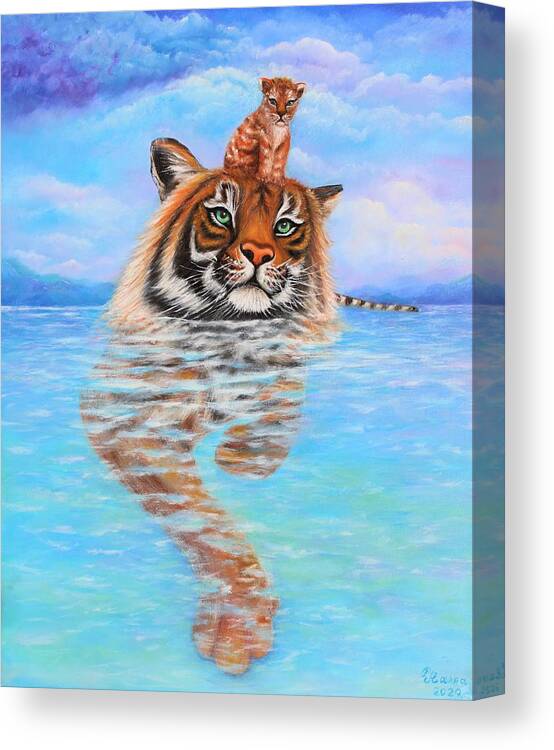 Wall Art Home Decor Tiger Baby Tiger Blue Sky Blue Water Clouds Stormy Clouds Lake Gift For Him Gift For Her Art Gallery Siberian Tiger Amur Tiger Canvas Print featuring the photograph Storm is Coming by Tanya Harr