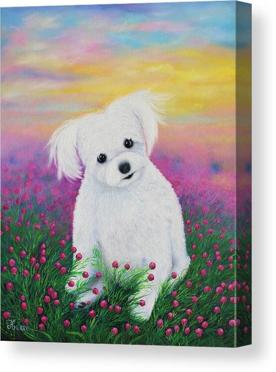 Wall Art Home Décor Dogs White Dog Oil Painting Animals White Animals Cute Dogs Flower Pink Flower Field Wildflowers Gift Idea Canvas Print featuring the painting Sugar by Tanya Harr