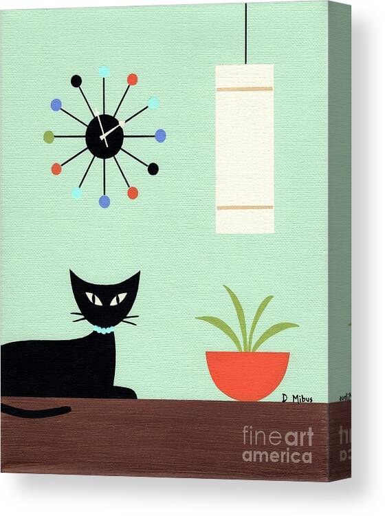 Mid Century Modern Canvas Print featuring the painting Tabletop Cat Green Background by Donna Mibus