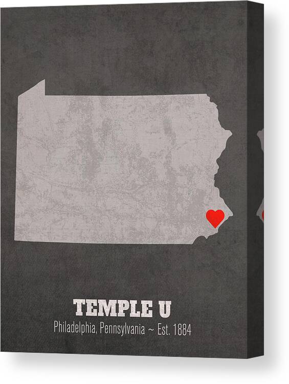 Temple University Canvas Print featuring the mixed media Temple University Philadelphia Pennsylvania Founded Date Heart Map by Design Turnpike