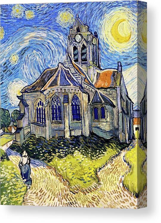 Van Gogh Canvas Print featuring the digital art The Church at Auvers on a Starry Night - digital recreation by Nicko Prints