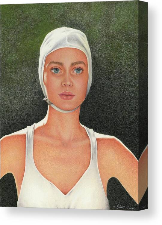 Swimming; Competition; Diving; Vintage Swimwear; Bathing Beauties; White Bathing Cap; White Swimsuit; Blue Eyes Canvas Print featuring the painting The Competition by Valerie Evans