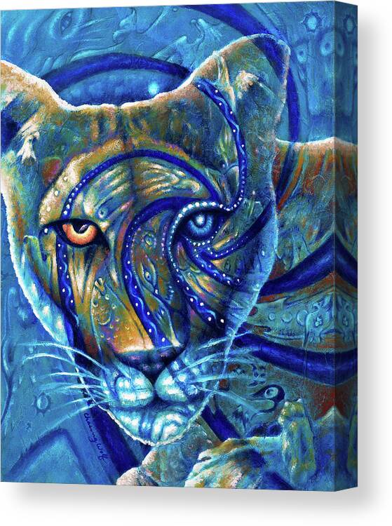 Cougar Canvas Print featuring the painting The Dreamer by Kevin Chasing Wolf Hutchins