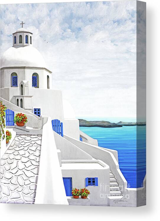 Santorini Canvas Print featuring the painting The Face of Santorini-Print of painting-wider view by Mary Grden