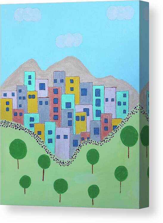 Fantasy Canvas Print featuring the painting The Mythical Village of Rectangle on the Corner of Circle and Square by Deborah Boyd