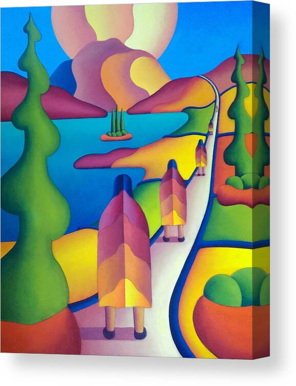 Pilgrimage Canvas Print featuring the painting The Pilgrimage to the sacred mountain with five figures by Alan Kenny