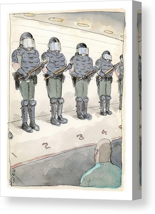 Thin Blue Lineup Canvas Print featuring the drawing Thin Blue Lineup by Barry Blitt
