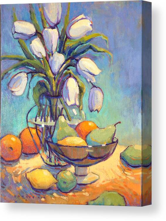White Canvas Print featuring the painting White Tulips and Fruits by Konnie Kim