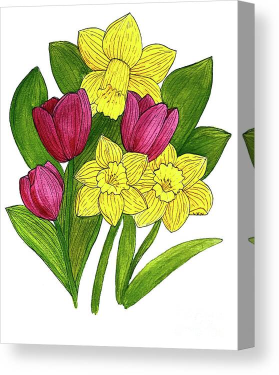 Daffodils Canvas Print featuring the mixed media Tulips and Daffodils by Lisa Neuman