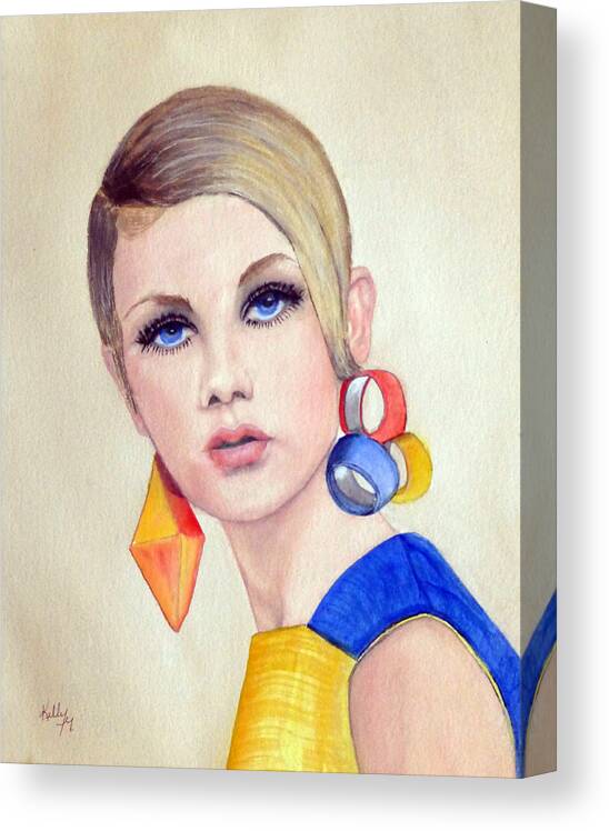Fashion Canvas Print featuring the painting Twiggy the 60's Fashion Icon by Kelly Mills