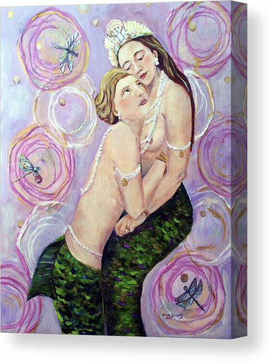 Mermaid Canvas Print featuring the painting Two Mermaids in Pink by Linda Queally by Linda Queally
