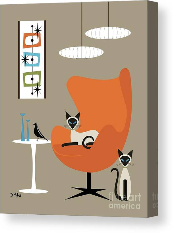 Mid Century Cat Canvas Print featuring the digital art Two Siamese in Mid Century Orange Chair by Donna Mibus