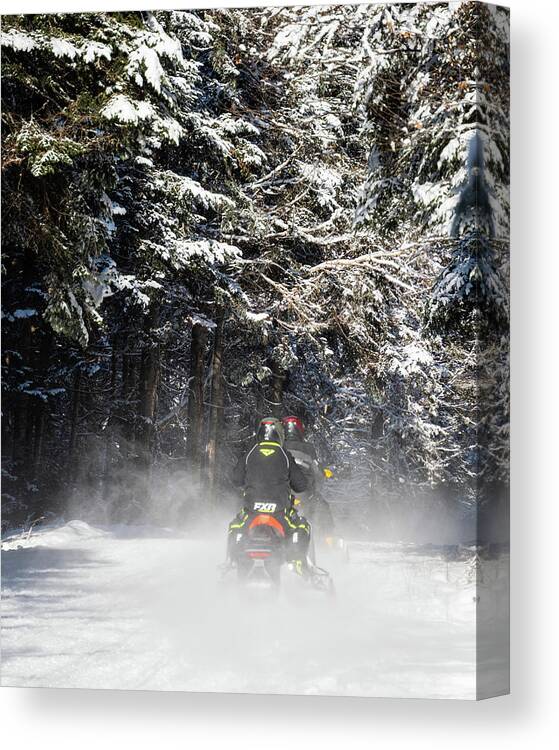America Canvas Print featuring the photograph Two Snowmobiles Heading Down The Trail - Pittsburg, New Hampshire by John Rowe