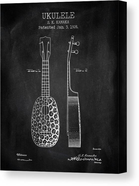 Ukulele Patent Canvas Print featuring the digital art Ukulele chalkboard patent by Dennson Creative