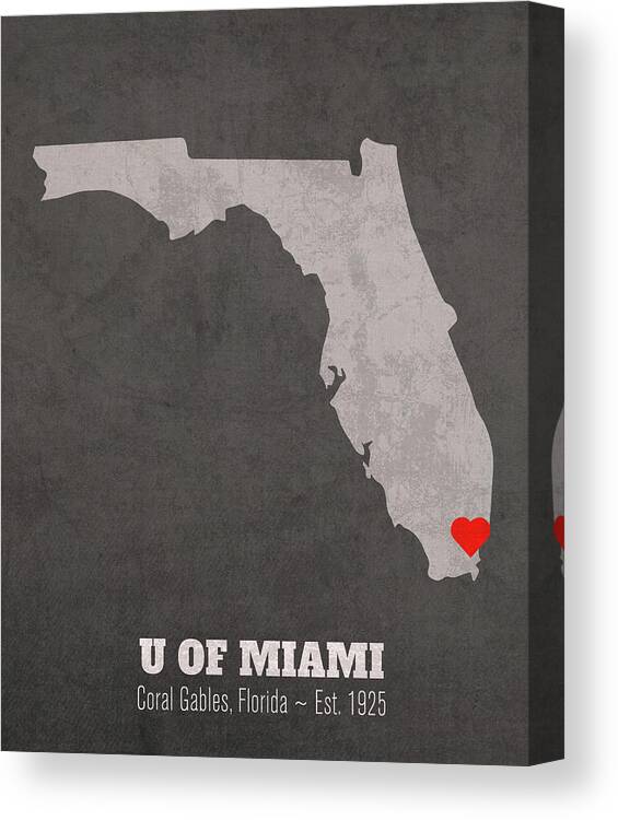 University Of Miami Canvas Print featuring the mixed media University of Miami Coral Gables Florida Founded Date Heart Map by Design Turnpike