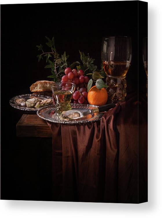 Pronks Canvas Print featuring the photograph Van Beijeren -Still Life with Roemer-Silverware and oysters by Levin Rodriguez