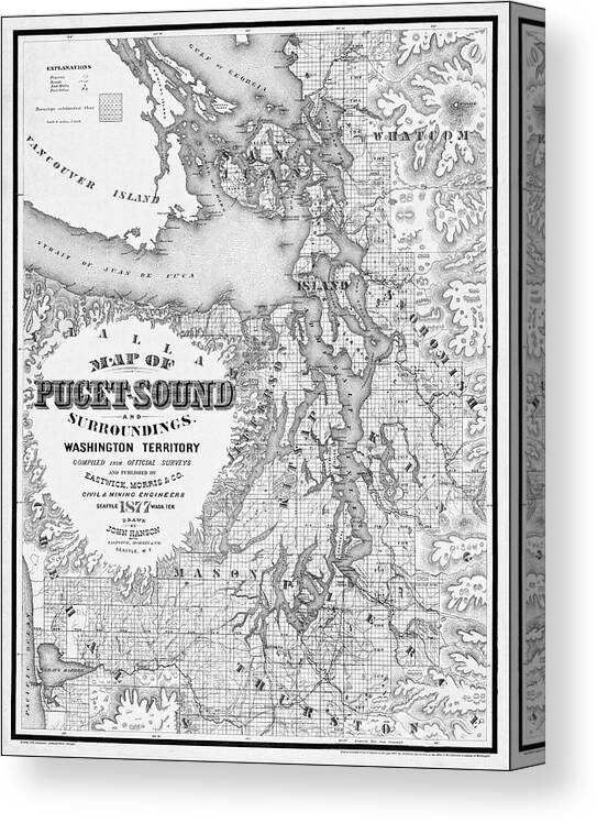 Puget Sound Canvas Print featuring the photograph Vintage Map Puget Sound and Surroundings 1877 Black and White by Carol Japp