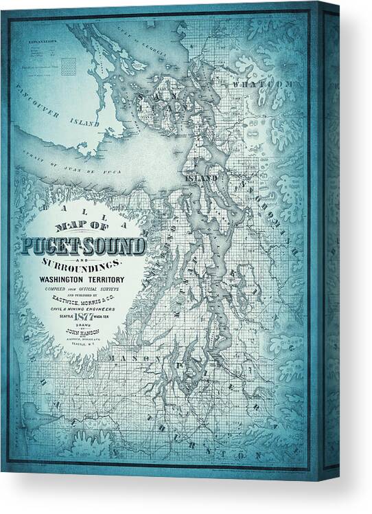 Puget Sound Canvas Print featuring the photograph Vintage Map Puget Sound and Surroundings 1877 Cool Blue by Carol Japp