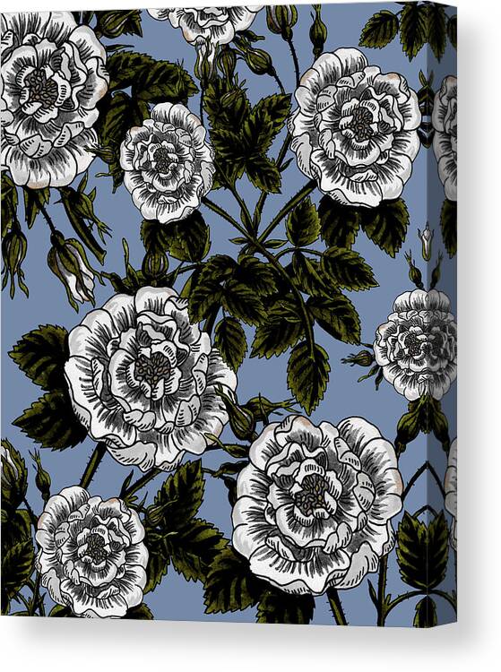 Rose Canvas Print featuring the painting Vintage Roses Black And White Ink Silhouettes Of Flowers On Soft Dusty Blue by Irina Sztukowski