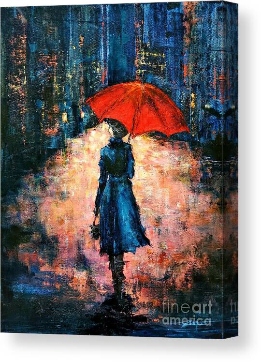 Red Umbrella Canvas Print featuring the painting Walk in the Rain by Zan Savage