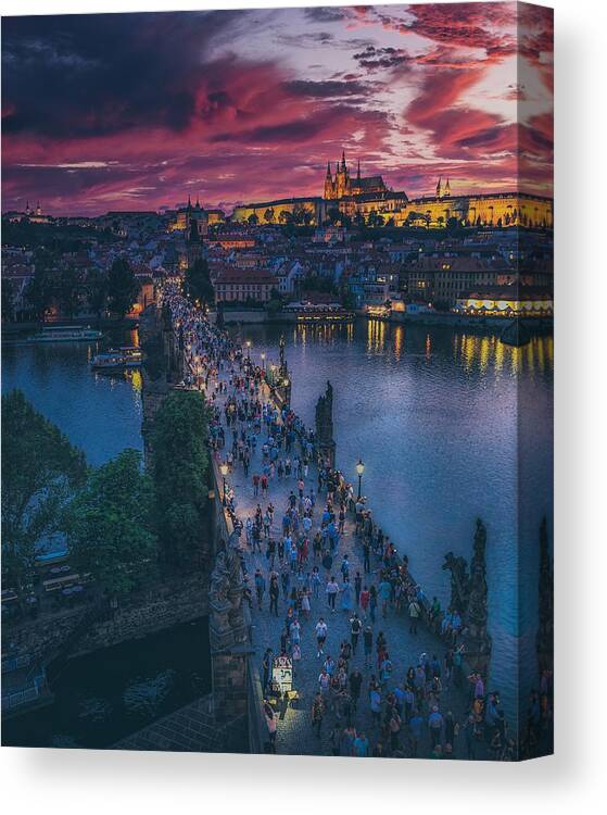 Charles Bridge Canvas Print featuring the photograph Walking Across the Charles Bridge at Sunset by Pierre Blache