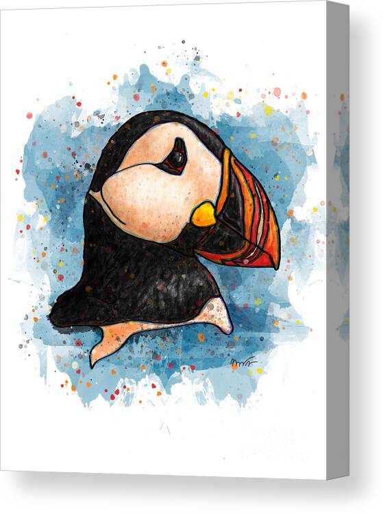 Watercolor Canvas Print featuring the painting Watercolor puffin splatter art, Puffin head by Nadia CHEVREL